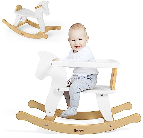 Belleur Schaukelpferd ab 1 Jahr, Schaukeltier Massivholz für Babys und Kleinkinder, Schaukelstuhl Holz Pferd, Pferd Zum Reiten für Kinder, Schaukeltier für Kinder - Weiß