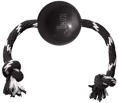 KONG Extreme Ball mit Seil, Für Große Hunde, Schwarz | Härtester schwarzer Naturkautschuk-Ball mit Seil für einfaches Werfen, beißfest, für Tauziehen und Spiel