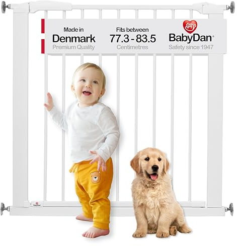 BabyDan Swing Shut, Ohne bohren Treppenschutzgitter, 77,3-83,5 cm, Babygitter/Sicherheitsgitter, Weiß, Hergestellt in Dänemark - (Haustiergitter/Hundegitter)