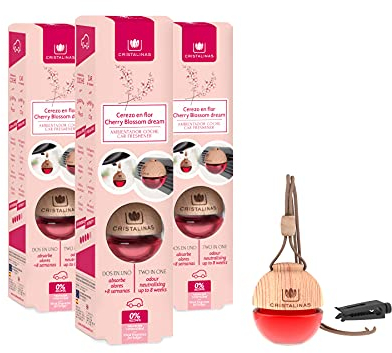 Cristalinas Car Air Fresheners Cherry Blossom Dream Scent, Pack Of 3 - Odour Neutralising 2 in 1 Air Fresheners for Cars, Essential Oils Car Air Freshener Scent for Men & Women lasts upto 8 weeks
