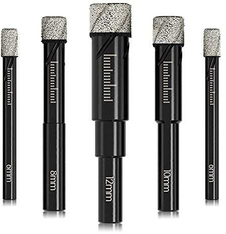 Trockenbohrer Set 5 Stück für Granit Keramik Marmor Fliesen Stein Glas harte Materialien (nicht für Holz), Rundschaft 6, 8, 10, 12 mm mit Aufbewahrungskoffer