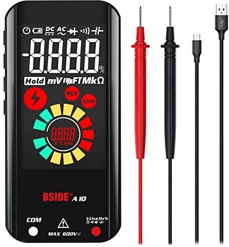 BSIDE Rechargeable Digital Multimeter Color LCD 3 Results Display 9999 Counts Auto-Ranging Pocket Voltmeter Capacitance Diode Resistance Hz V-Alert Duty Cycle Live Check Voltage Tester, Black