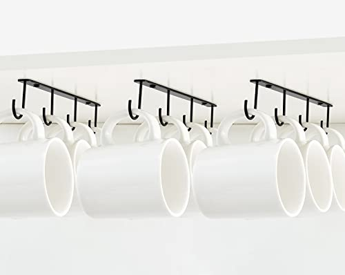 Mkono Under Cabinet Cup Holder with 12 Hooks - Simple Coffee & Tea Cup Organizer, Mug Drying Display Rack for Kitchen Cupboard & Coffee Bar, 3 Pack Black