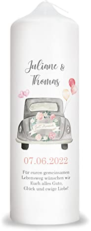 GRAVURZEILE Bedruckte Kerze - Just Married - Personalisierte Kerze mit eigenen Namen & Datum - Geschenk zur Hochzeit an das Brautpaar - Hochwertige Stumpenkerze Weiß 250/80 mm