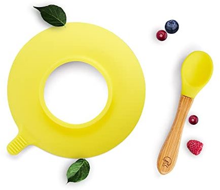 Kleiner Fuchs Bambus Kinder Löffel und Silikon-Saugnapf Set, Silikon Baby Löffel und Saugnapf Set kombinierbar mit all unseren Teller - und Schüsselsets, Baby & Kinderbesteck ab 1 Jahr, Farbe: Gelb