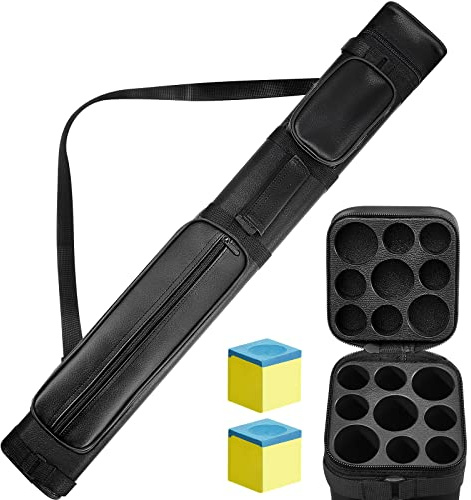 Deekin 3x6 Billiard Cue Case, Hard Billiard Cue Stick Bag, Storage Bag, Pool Table Accessories, 9 Holes, PU Pool Cue Bags with 2 Pool Chalk Cubes (Black)