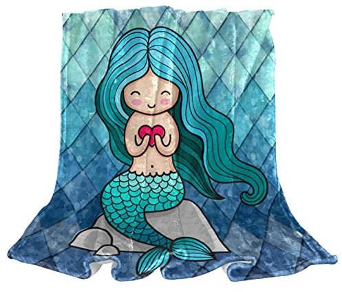 TBOUOBT Überwurfdecke, Bettdecke, Komfort, weich, flauschig, für Jungen und Mädchen,Meerjungfrau Blau Karikatur