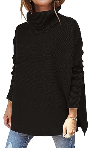 Hormtaer Women's Turtleneck Jumpers Casual Ladies Jumper Sweaters Long Sleeve Tops Sport Pullover Loose Chunky Knitted Cowl Neck Knitwear (AA Black, S)
