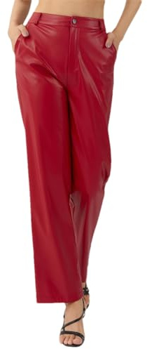 Fnfmrfmr Pantalones de cuero sintético rojo para mujer, bolsillos de cintura alta, pantalones rectos casuales sueltos, rosso, S