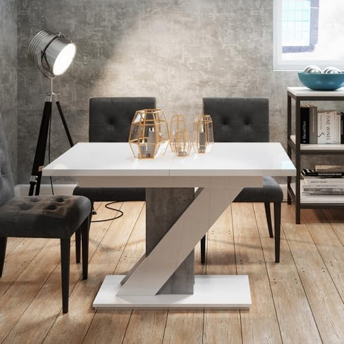 PROROOM FURNITURE - Mavea Table - Esstisch - Rechteckig - 120x80x75 cm - Ausziehbar auf 160 cm - Säulentisch mit Z-Gestell - Modern - für Esszimmer, Küche, Wohnzimmer, Salon - Weiß Glanz & Steinoptik