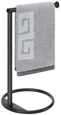 NearMoon Hand Towel Holder Stand, Thicken Metal L Shape Hand Towel Rack, Small Towel Ring, Stable Standing Towel Bar for Bathroom Kitchen Vanity Countertop, 8” L 14” H (Matte Black, 1 Pack)