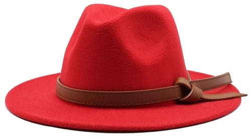 NOAMED Fengyan Hut für Herbst und Winter, einfarbig, Panama-Kappe, Vintage-Wolle, Fedora-Hut, breite Krempe, für Damen und Herren, Jazz, Kirche, Streetwear, Filzhut, rot, 6 7/8-7 1/8