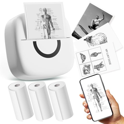 cabaro Mini Drucker Aufkleber Drucker Fotodrucker mit 3 Rollen Bluetooth Thermodrucker für Lernen, Studiennotizen, Anatomische Diagramme, Fotos