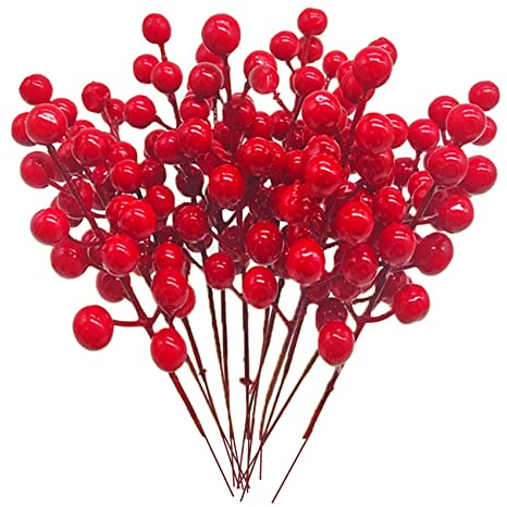 JNJOOD Rote Beerenstiele, 24 Stück, 20 cm, künstliche Weihnachtsbeeren, Stechpalmen-Picks, Zweige für Weihnachtsbaum, DIY-Kranz,