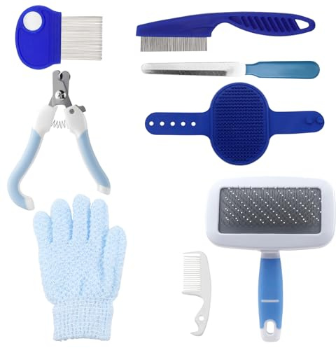 QGGTQG Kaninchen Pflege Set 8 Stück Kleintierpflegeset | mit Trimmer Haustier, Nagelknipser, Feile, Haustiermassage, Badhandschuh, Floh Kamm für Katzen, Welpen, Kaninchen, Hamster