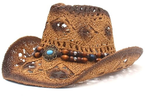 Peosaard Stroh Cowboy-Hüte, hohl-Out-Stroh Cowgirl Hut, Westernhüte mit Perlenschnur, Sommer Beach Cowboyhüte, Strohhut mit breitem Rand für Frauen Männer