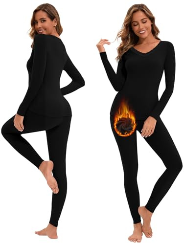 WOWENY Thermounterwäsche Damen Set Extra Warm Thermo Unterwäsche Winter Skiunterwäsche Oberteil und Unterhose V Ausschnitt Thermoshirt Damen Funktionsunterwäsche V-Schwarz M