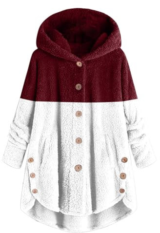 Plüschjacke Damen Mit Kapuze, Damen Wintermantel Lang Warm Elegant Fleecejacke Patchwork Kapuzenmantel Große Größe Übergangsjacke Flauschig Hoodie Kuscheljacke Leicht Teddyjacke Lang-Kapuzenjacke
