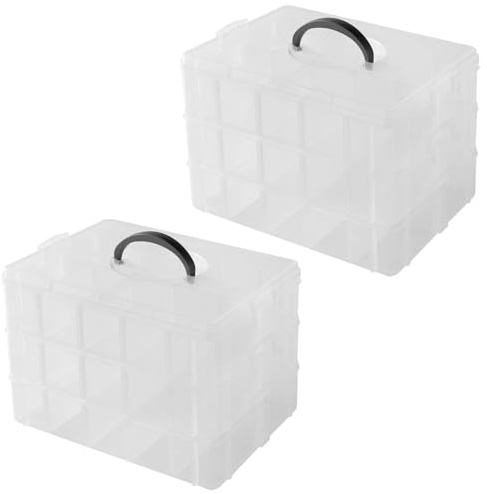 JIEHIN Caja de almacenamiento apilable 3 niveles con 30 compartimentos ajustables y asa, plástico transparente 25.4x15.7x18 cm, para organizar piezas pequeñas, manualidades, joyas, accesorios
