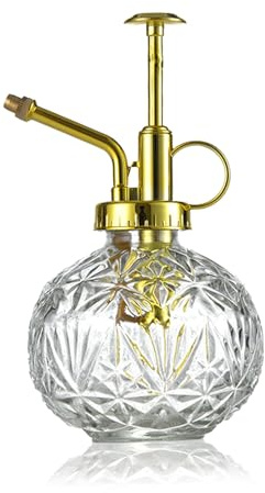 KoGiio Pflanzen Glas Sprühflasche, 240ml Retro Relief Pflanzensprüher mit Pumpe, Blumen Zerstäuber Drucksprüher für Balkon Kleiner Gartenpflanzen Indoor Haus Oder Büro Transparent + Goldener Sprühkopf