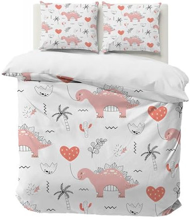 PNHCL Dinosaurier Kinderbettwäsche 100 x 135, Blumen Bettwäsche-Sets, Tierthema Mikrofaser Bettbezug 100 X 135 mit Reißverschluss + Kissenbezug 40x60 für Kinder Raumdekoration, Rosa