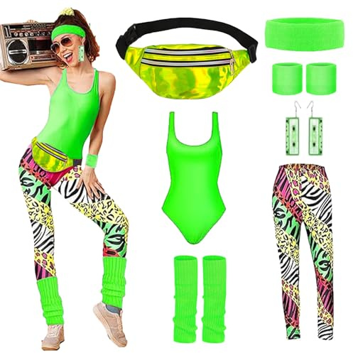 REDKNOT 80er Jahre Outfit Damen Accessoires 90er Jahre Workout Kostüm 80er Retro Neon Bademode Kostüm mit Top, Leggings Bauchtasche,Stirnband, Beinwärmer für Karneval Neon Mottoparty (Grün, L)