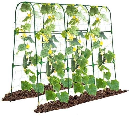 OTOSUNNY Garden Trellis for Climbing Plants Outdoor, Cucumber Trellis for Raised Bed Garden, Arch Trellis Support for Cucumbers Tomatoes Beans Peas, 50x48 inch, Metal Trellis with Netting, Green