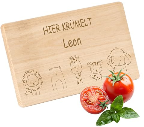 Gravur-Max Frühstücksbrettchen für Kinder mit Gravur Hier krümelt” mit Tierchen und Wunschname – Personalisiertes Holz Schneidebrettchen für Kinder, 22x12x1 cm, Unbehandeltes Buchenholz