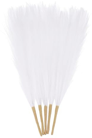 QUARKZMAN 5PCS Hierba Falsa Pampas Seca 17 Pulgadas Decoración Artificial De Hierba Pampas Esponjosa para Decoración De Otoño En Hogar Jarrón Piso Mesa Bodas, Blanco