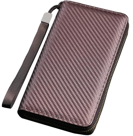 Grande Lungo Portafoglio Pochette Uomo in PU Pelle, 8 Slot per Carte di Credito, 2 Scomparto per Banconota, 1 Scomparto con Cerniera, 1 Scomparto per Telefono, con Braccialetto Staccabile, Caffè