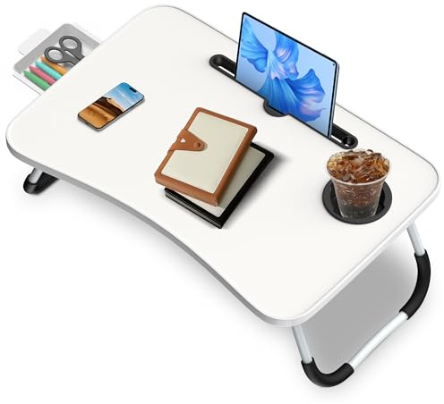 Soontrans Laptoptisch, 60 x 40 x 28 cm, Laptop Tisch mit Tablethalter, Schublade, Getränkehalter, Betttisch Klappbar für Bett und Sofa, Couch, Boden, Betttablett, Bett Tisch Tragbar(weiß)