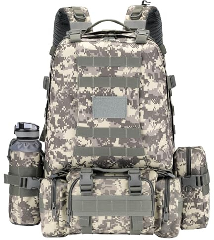 Wiserset Sac à dos tactique militaire 60 L Grand sac à dos de randonnée Sac de voyage amovible Sac d'urgence MOLLE Sac à dos militaire pour homme 3 jours avec porte-bouteille amovible, ACU