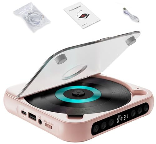 Lettore CD portatile compatibile con Bluetooth con suono Hi-Fi, batteria ricaricabile e Bluetooth 5.3, supporta CD/MP3/USB, ricarica di tipo C, leggero per viaggi, casa, auto (rosa)