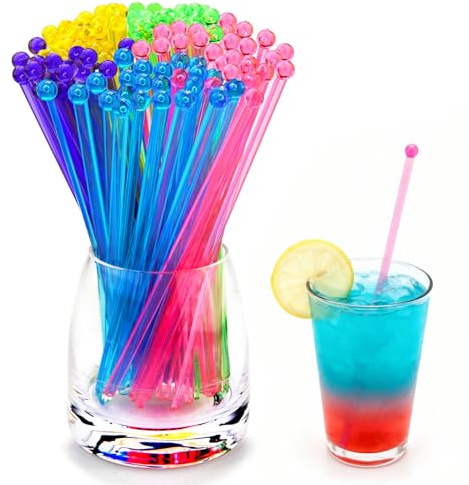 HAPMARS 5-farbige Getränke-Rührstäbchen,100 Stück Cocktail Stirrer Stäbchen-18,5 cm,Transparent Wiederverwendbar Bonbon Sticks,Geeignet für Getränke, Desserts, Party Zuhause,Bar,Geburtstag