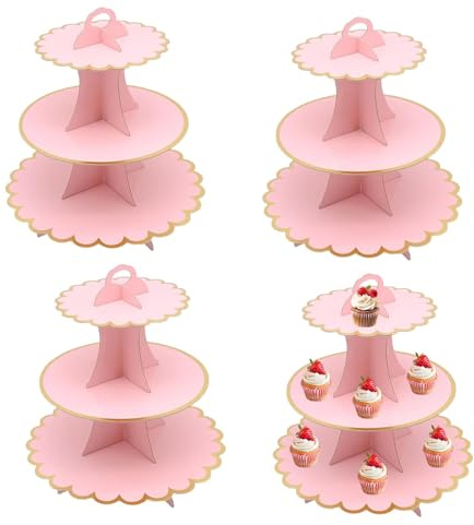 4 PCS Pink Cake Stand Cardboard Cupcake Stand 3 Tier Cupcake Dessert Holder | Pink Cardboard Cake Stands Dessert Holder for Birthday, Party