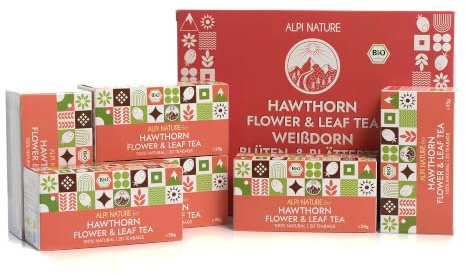 Alpi Nature Espino Blanco Infusión Orgánica, 120 Bolsitas de Té 150g, Paquete de 6 x 20 Bolsitas de 1.25g | 6 cajas con 20 bolsas de té de 1,25 g (150 g), té de espino blanco, bolsas de té de hierbas