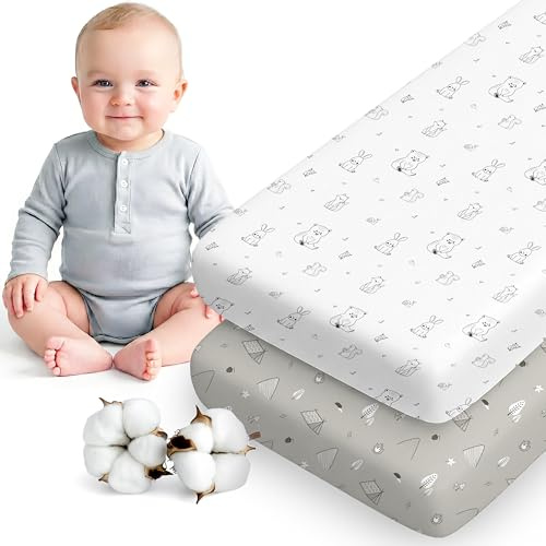 Dreamzie Juego de 2 Sabanas Cuna 60x120 Algodon - Ajustables, Oeko Tex Certificado - Sabana Bajera Cuna 60x120 Algodon 100% - Bosque Blanco/Gris