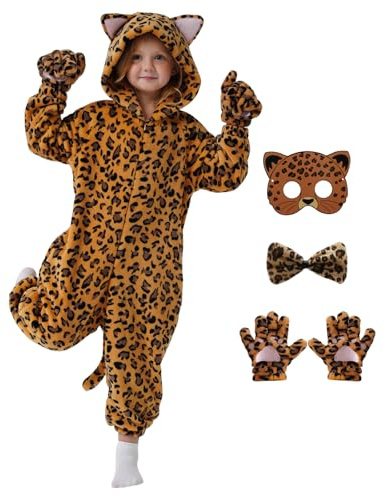 MivBuks Léopard Enfants Pyjama Déguisement de Chat pour Enfants Guépard Déguisement Animal Cosplay Carnaval Costume pour Filles (Léopard, L)