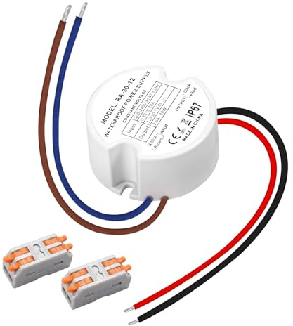 Muzveik LED Trafo 12V 30W 2.5A, Wasserdicht IP67 Transformator 230V auf 12V Rund Ø48mm, LED Netzteil mit 2 Steckverbindern für Innen- und Außenbereich