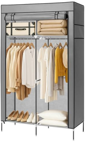 Faltschrank 108x45x170 cm Stoffkleiderschrank mit Reißverschluss und Kleiderstange, Seitentasche & Ablagen, faltbare Garderobe mit Metallrahmen, Textilschrank Aufbewahrung Schrank (Maus Grau)