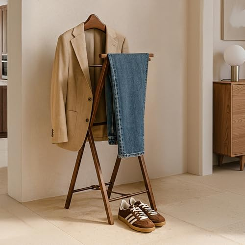 konsimo klappbarer Herrendiener – Kleiderständer aus Massivholz, für Jacken, Hosen, Gürtel und Krawatten, ideal für Schlafzimmer und Ankleideraum (braun, 47,5x109x44)