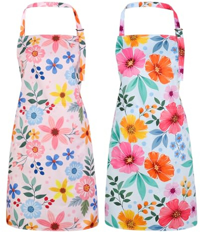 Livdouyu 2er Blumen-Kochschürze Damen wasserdicht mit Taschen