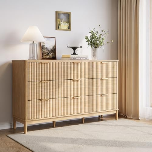 LINSY Fluted 9 Drawer Dresser for Bedroom, 58 Wide Mid-Century Modern Tall Chest of Drawers, Deep Storage Dresser with Curved Corner Design, Large Accent Wood Cabinet for Bedroom, Oak