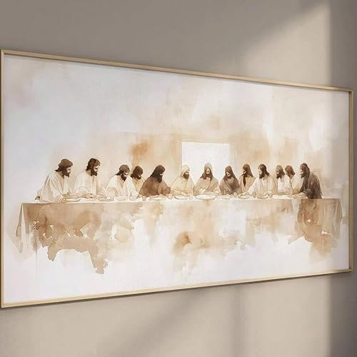 CHAOJIART Minimalistischer abstrakter Leinwanddruck „Das letzte Abendmahl“ in Beige, horizontal, für Wohn- und Schlafzimmer, christliche Dekoration (70 x 140 cm/rahmenlos)