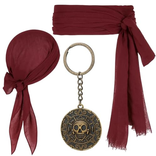 YEWCEP Piratenkostüm Herren, 3 Piraten Accessoires Set | Stoffmaske,Gürtel,Schlüsselanhänger;für Piratenpartys,Halloween,Karneval,Cosplay,Rollenspiele,Bühnenauftritte,Mottopartys