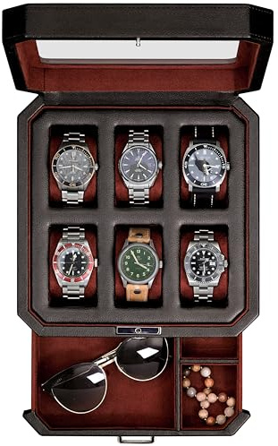ROTHWELL 6 Slot Leather Watch Box with Valet Drawer - Luxury Watch Case Display Organizer, Microsuede Liner, Locking Mens Jewelry Watches Holder, Men's Storage Boxes Holder Large Glass Top (Black/Red)