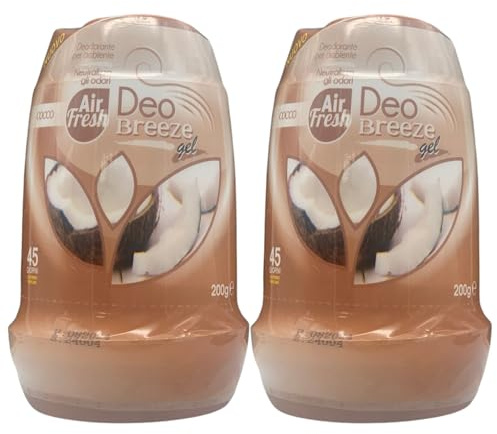 2x Deodorante Per Ambiente DEO BREEZE Gel, Neutralizza Gli Odori. Disponibile In Diverse Varietà Di Fragranze, 45 Giorni Di Intenso Profumo 200g (COCCO)