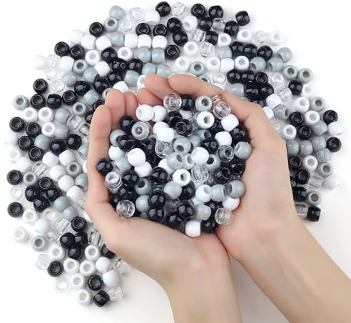 Sahoottie Mehrfarbige Pony Beads 10x12MM Pony Perlen Großes Loch Haarperlen für Haare Schwarz Weiß Grau Transparent PonyPerlen zum Auffädeln Mädchen Haarschmuck Zöpfe Dreadlocks DIY Basteln 380 Stück