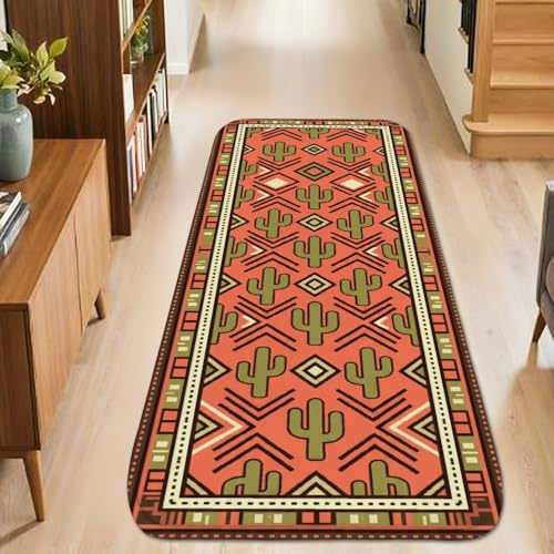 Tappeto runner a forma di cactus, bohémien, tribale, geometrico, estivo, corallo, in spugna a pelo basso, rettangolare, bordatura per cucina, lavanderia, porta, ingresso, 6 x 1,5 m