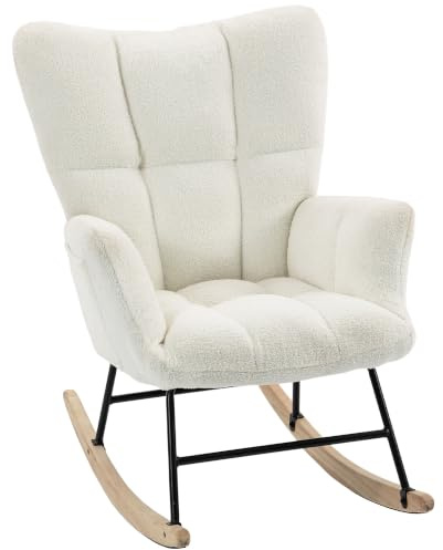 HOMCOM Rocking Chair with Side Pockets, Wingback Rocker Chair, Cream White | Tufted Design, Teddy Fleece Upholstered, Rubber Wood Legs, for Living Room, Bedroom